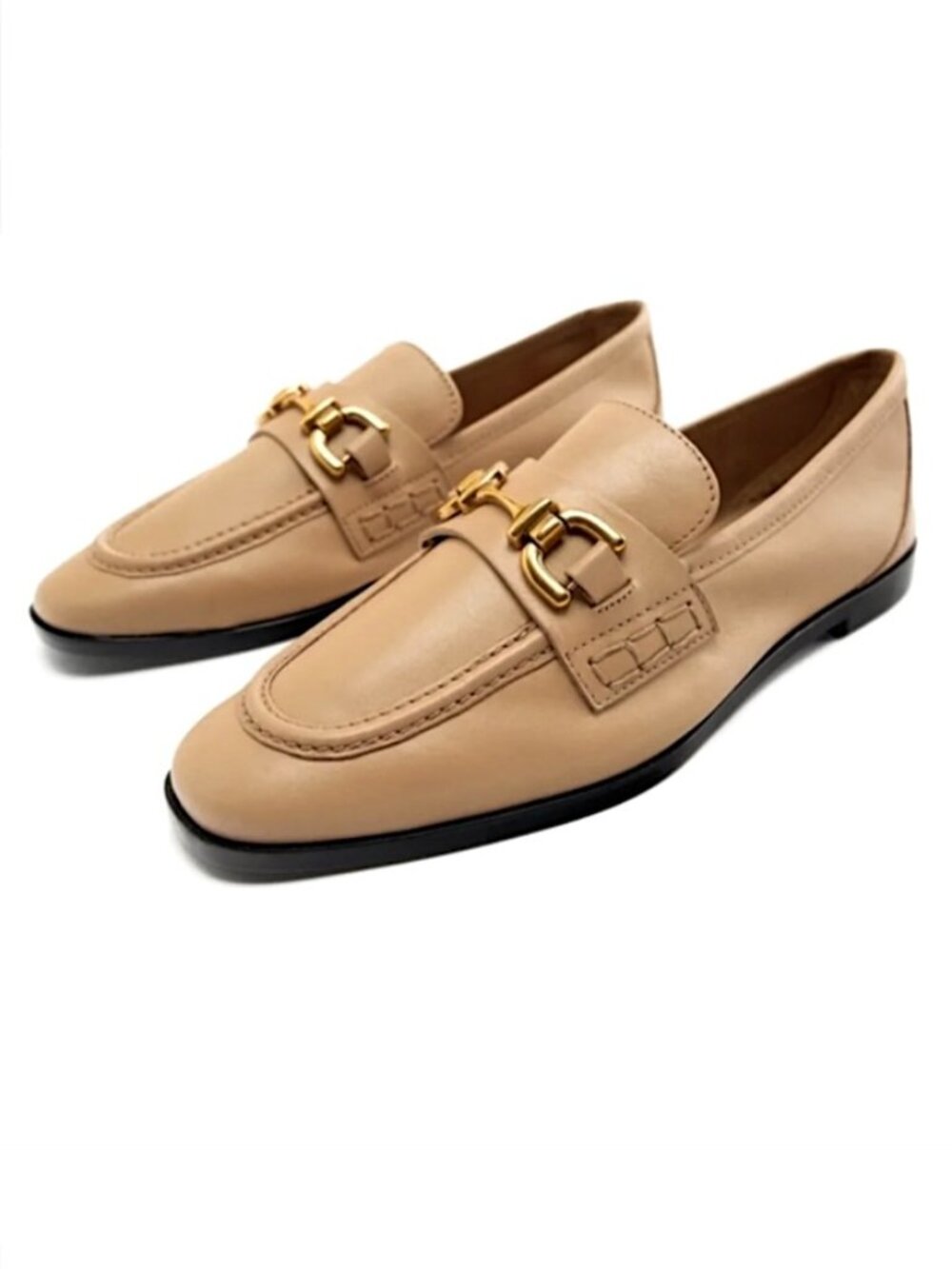 NWT Zara 100% Cow Leather Loafers with Gold Horsebit Decor Size 9 Camel Tan
